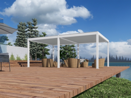 Pergola bioclimatica Aplux Pro electrica cu LED, aluminiu, 3x6 m, alb