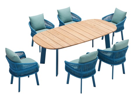 Set masa si scaune gradina Higold Aio, masa ovala si 6 scaune, verde, cadru albastru