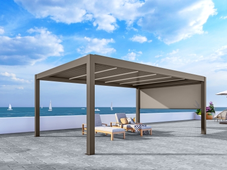 Set complet pergola bioclimatica Aplux ProMax electrica cu LED, aluminiu, 3x6 m cu patru stalpi, cu patru rulouri laterale incluse, bej